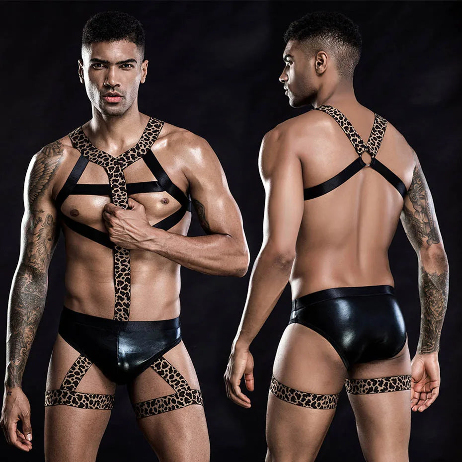 Alluring Waiter Uniform Cosplay Lingerie Set Black Mesh Men