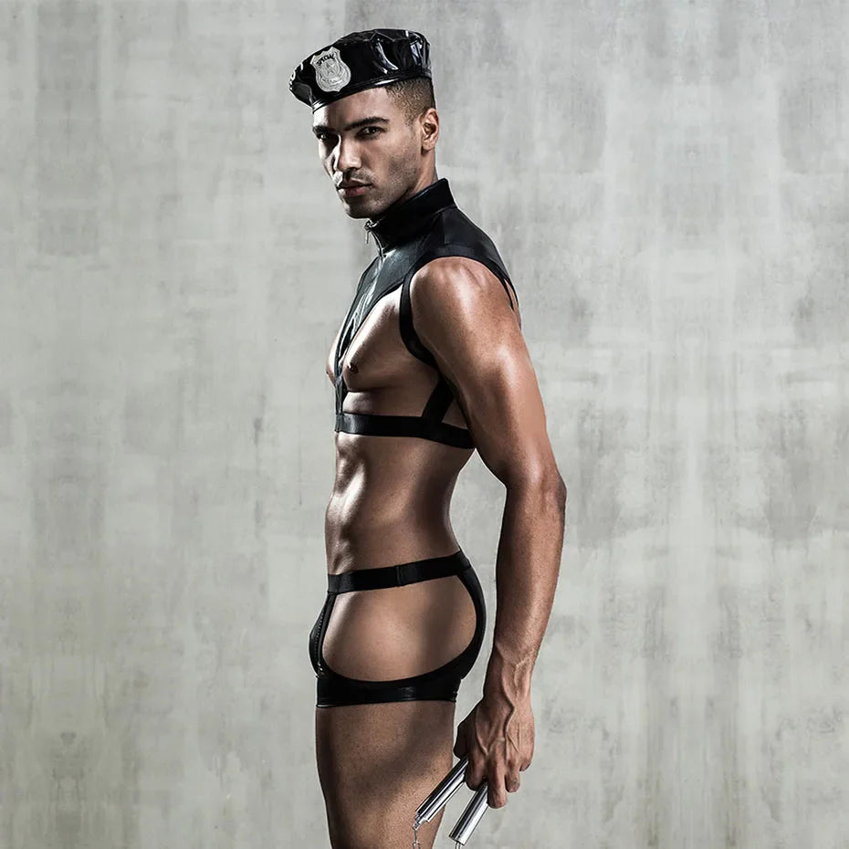 Men Police Uniform Latex Lingerie Set Alluring Role Play