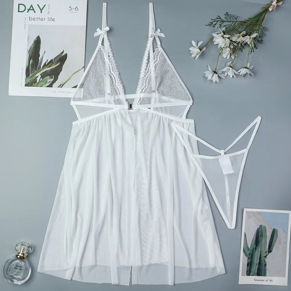 Alluring Lace Babydoll Nightgown Women Transparent Lingerie