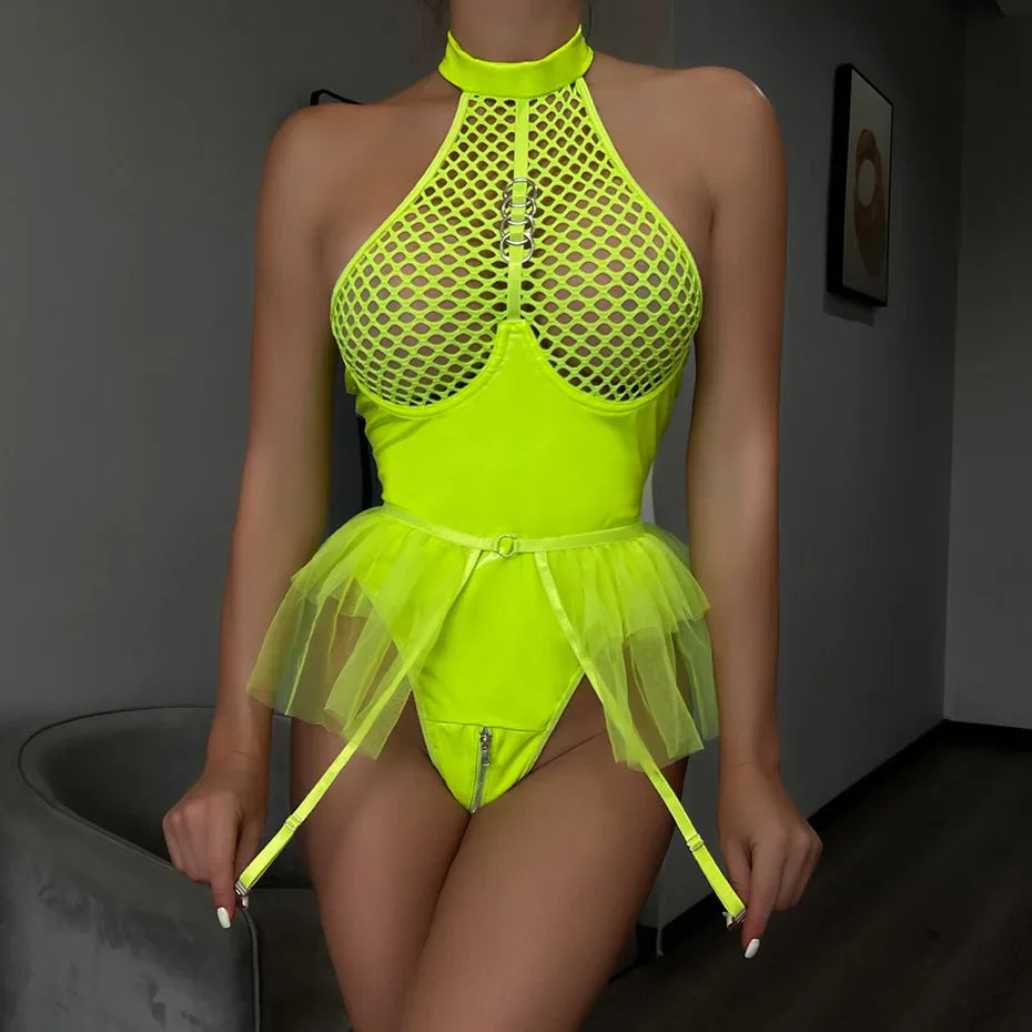 Alluring Leather Halter Teddies Open Crotch Lingerie