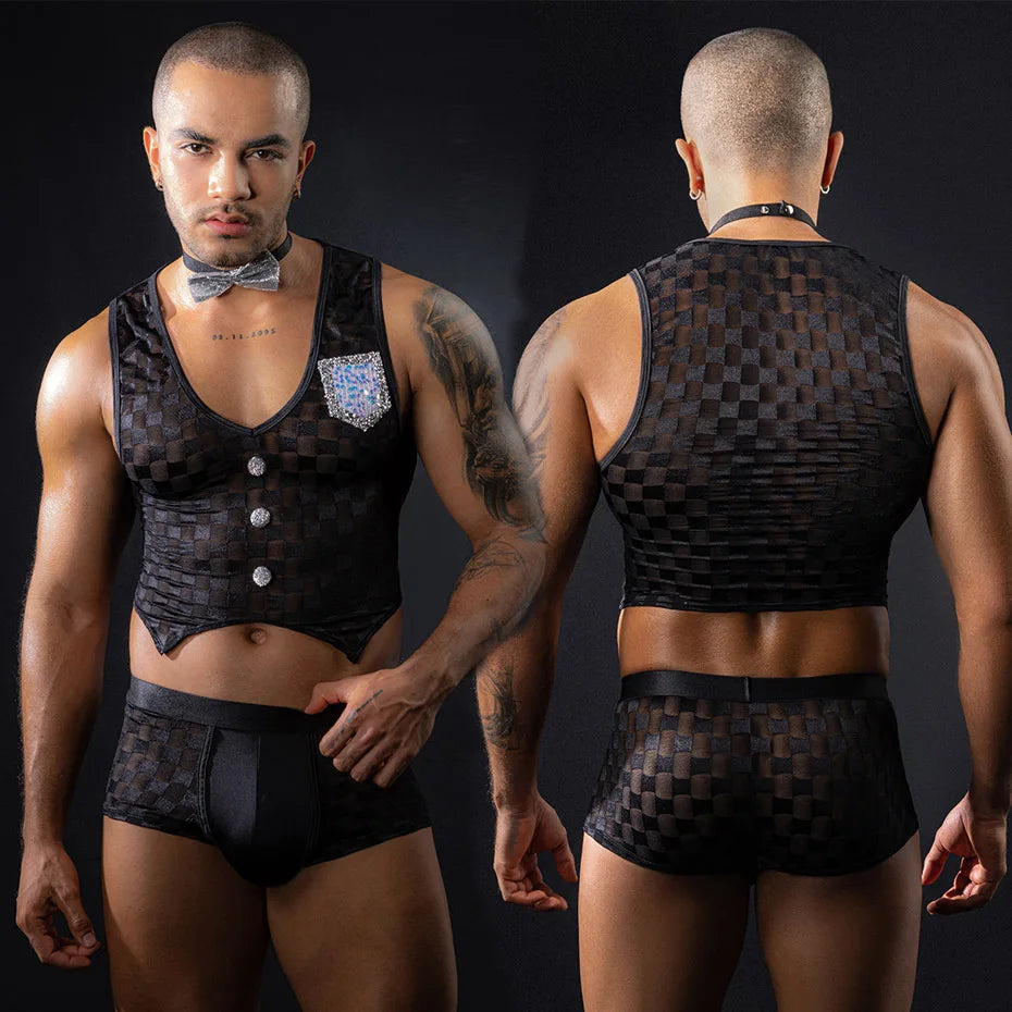 Alluring Waiter Cosplay Lingerie Men Halter Bodysuit