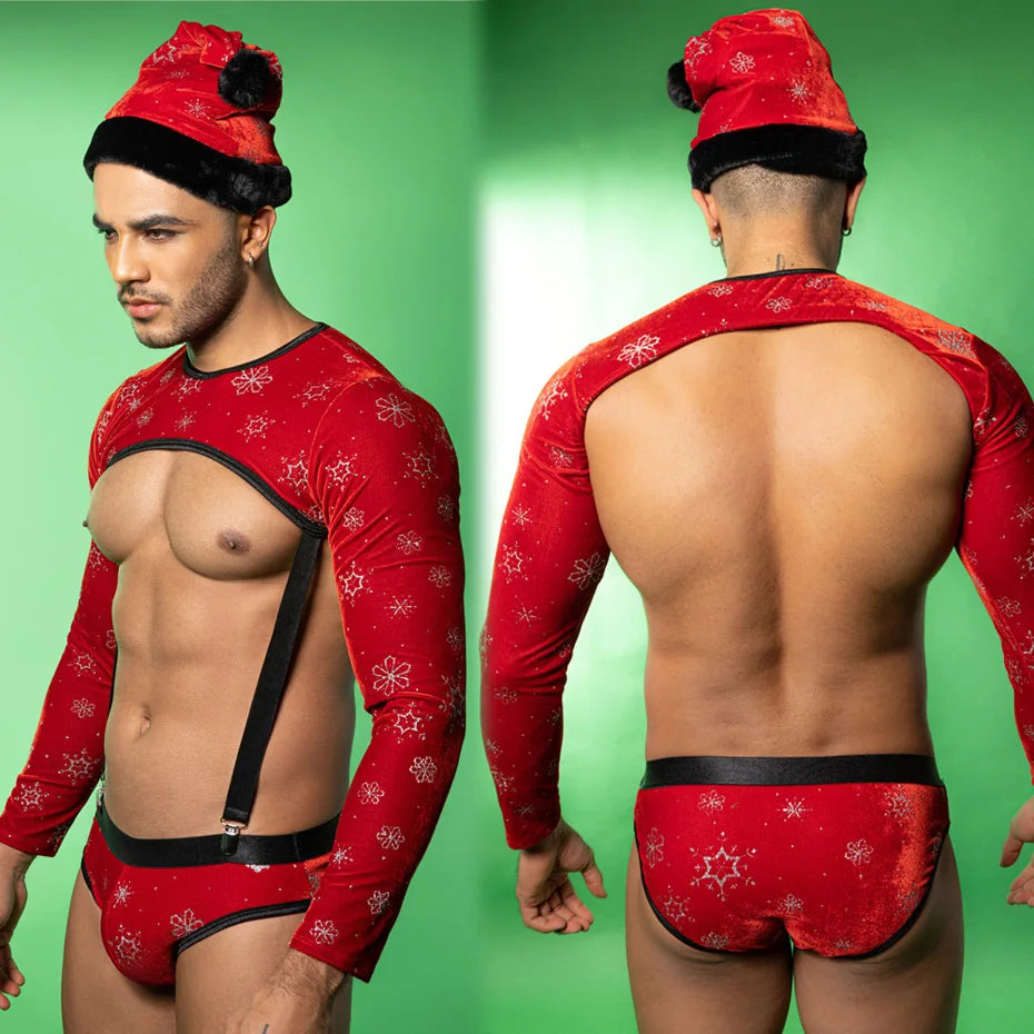 Red Christmas Cosplay Lingerie Set Men Erotic Bodysuit &