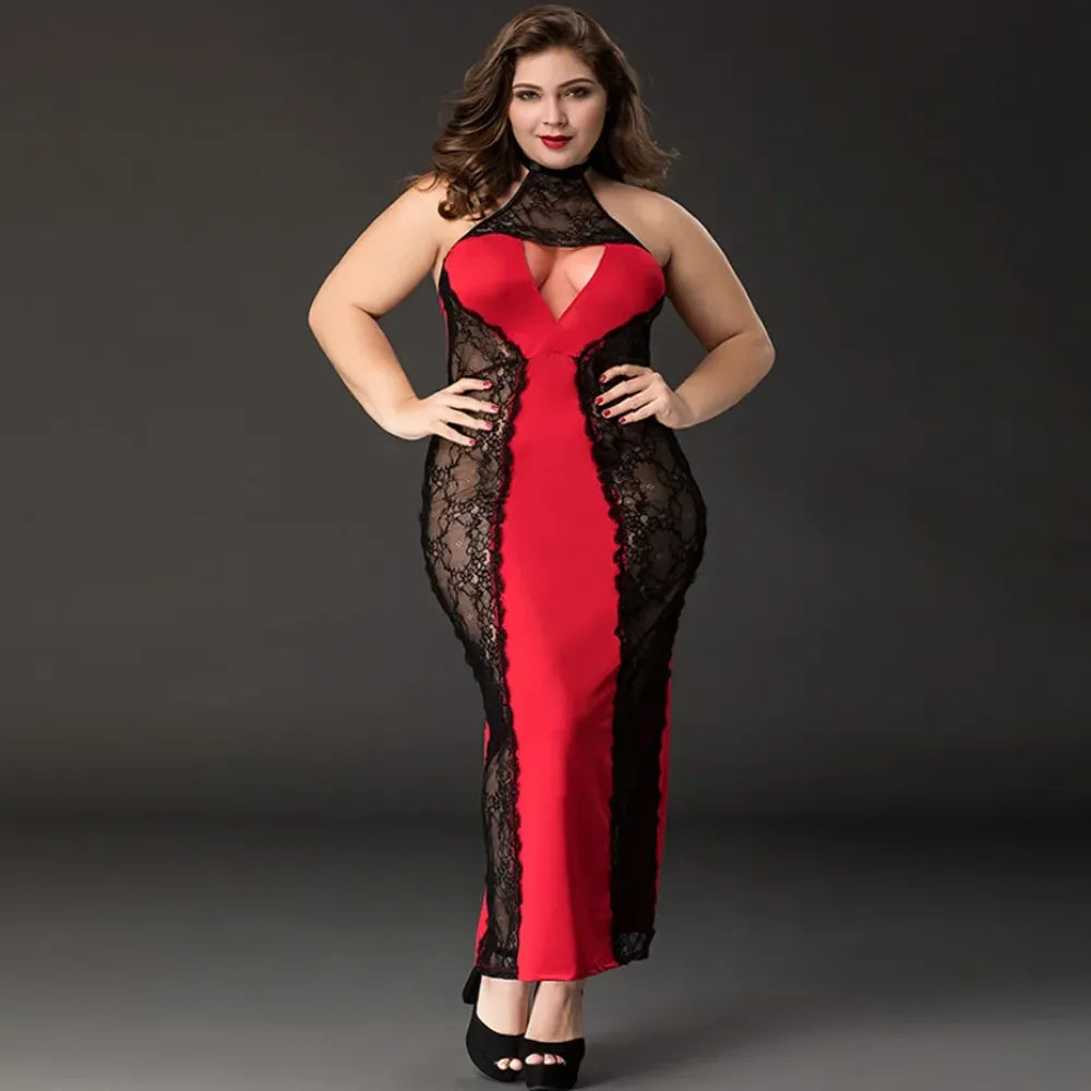 Alluring Lace Babydoll Nightgown Set Plus Size Red Lingerie