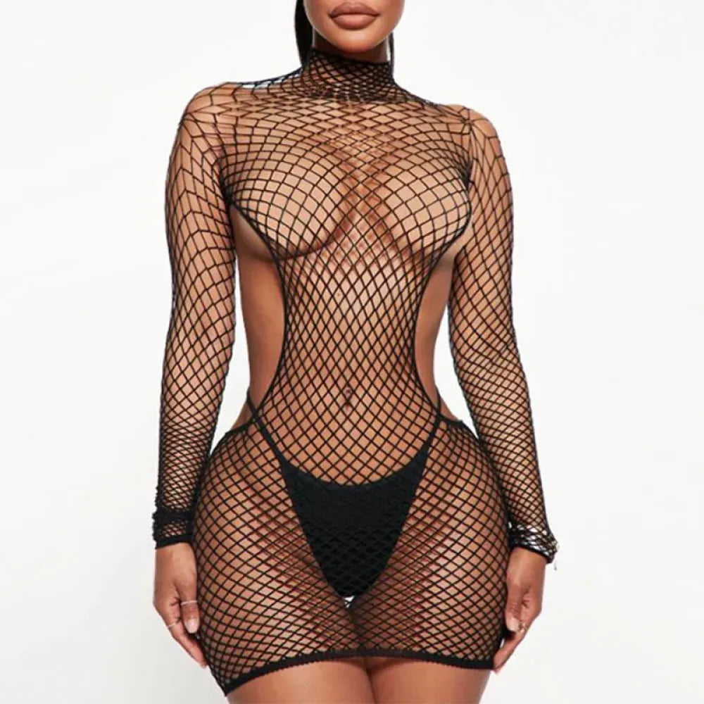 High Neck Fishnet Bodysuit Open Back