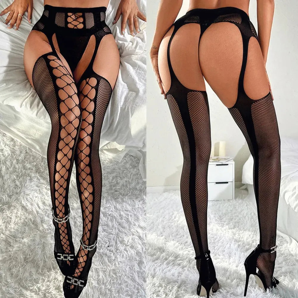 Lace Fishnet Bodysuit Belt Crotchless Stockings