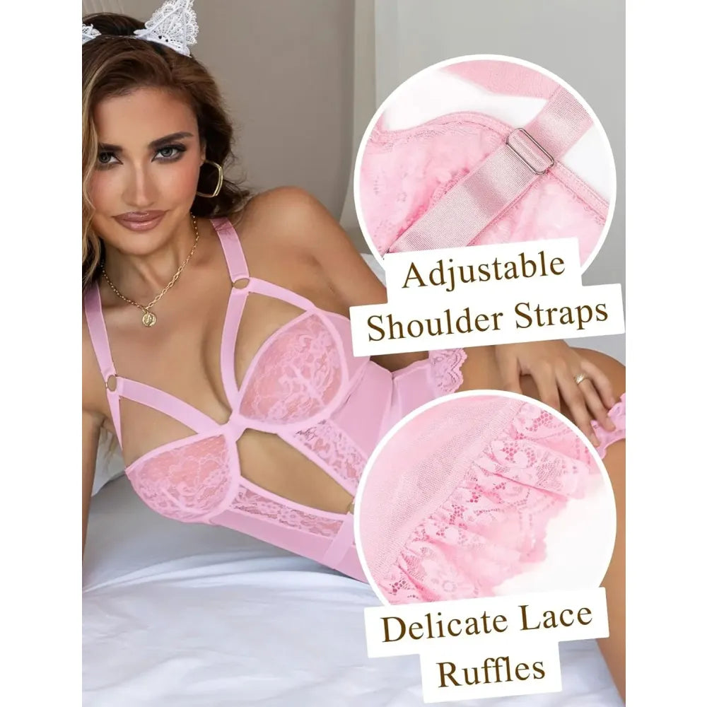 Plus Size Mesh Lace Lingerie Set Garter Cuffs